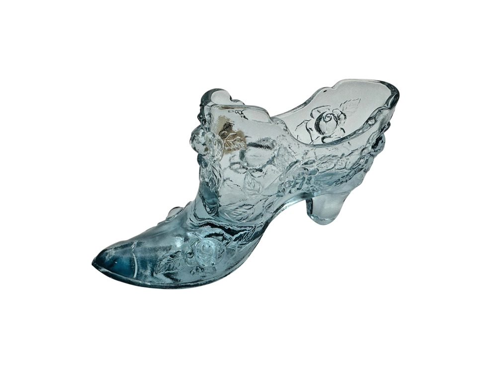 Vintage Fenton Ice Blue Glass Shoe Slipper Cabbage Rose High Heel Figurine